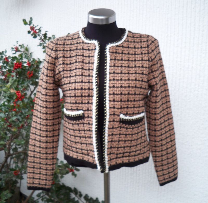 Kort Stickad Rutmönstrad Jacka Kamelbrun Svart
