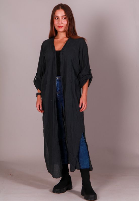 Grå Lång Kimono Blus Bomullsmuslin