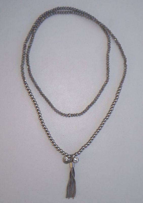 Elastiskt Långt Halsband/armband Grå Glaspärlor Thira Rhodium